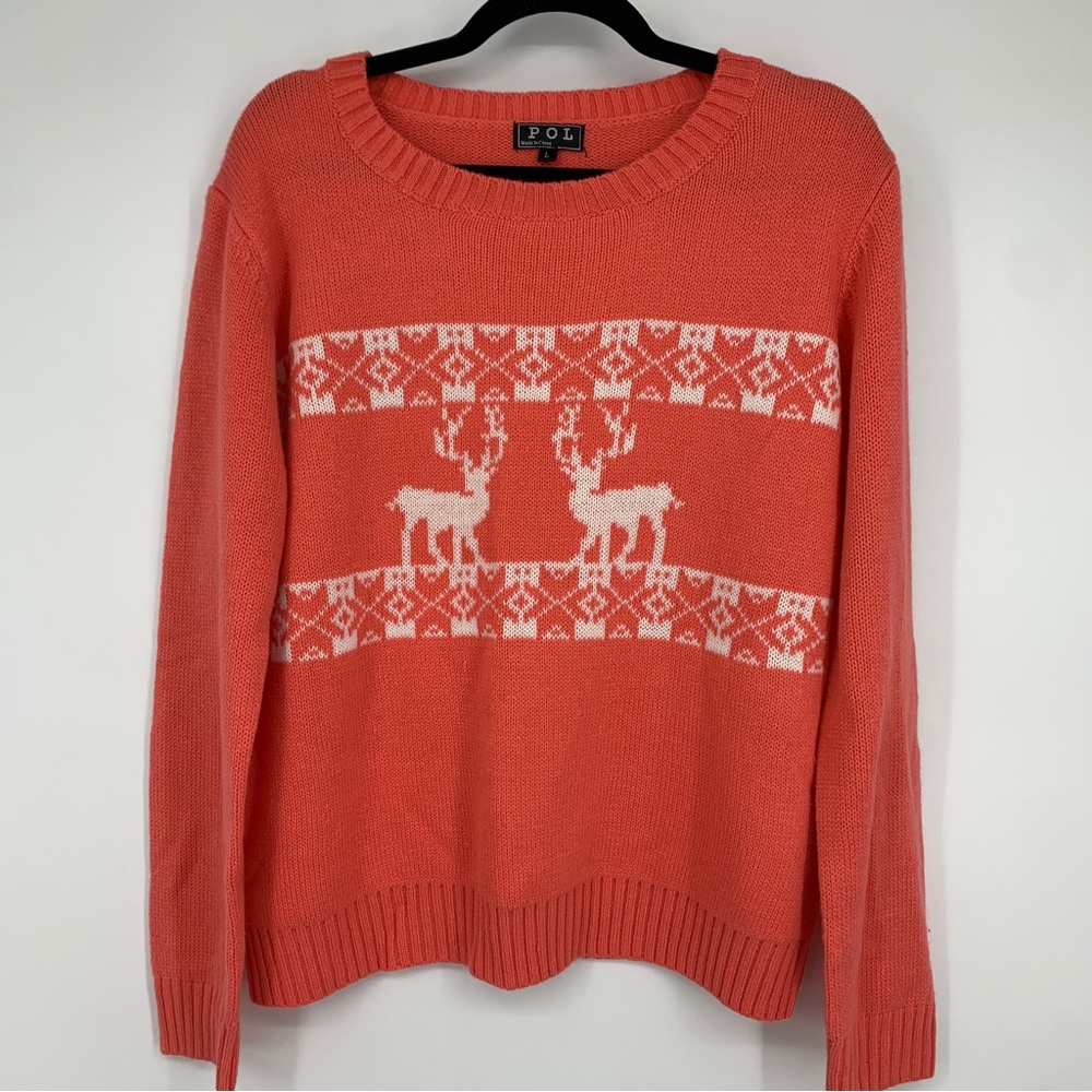 POL womens Large sweater pullover deer fair Isle Nordic Crew Neck